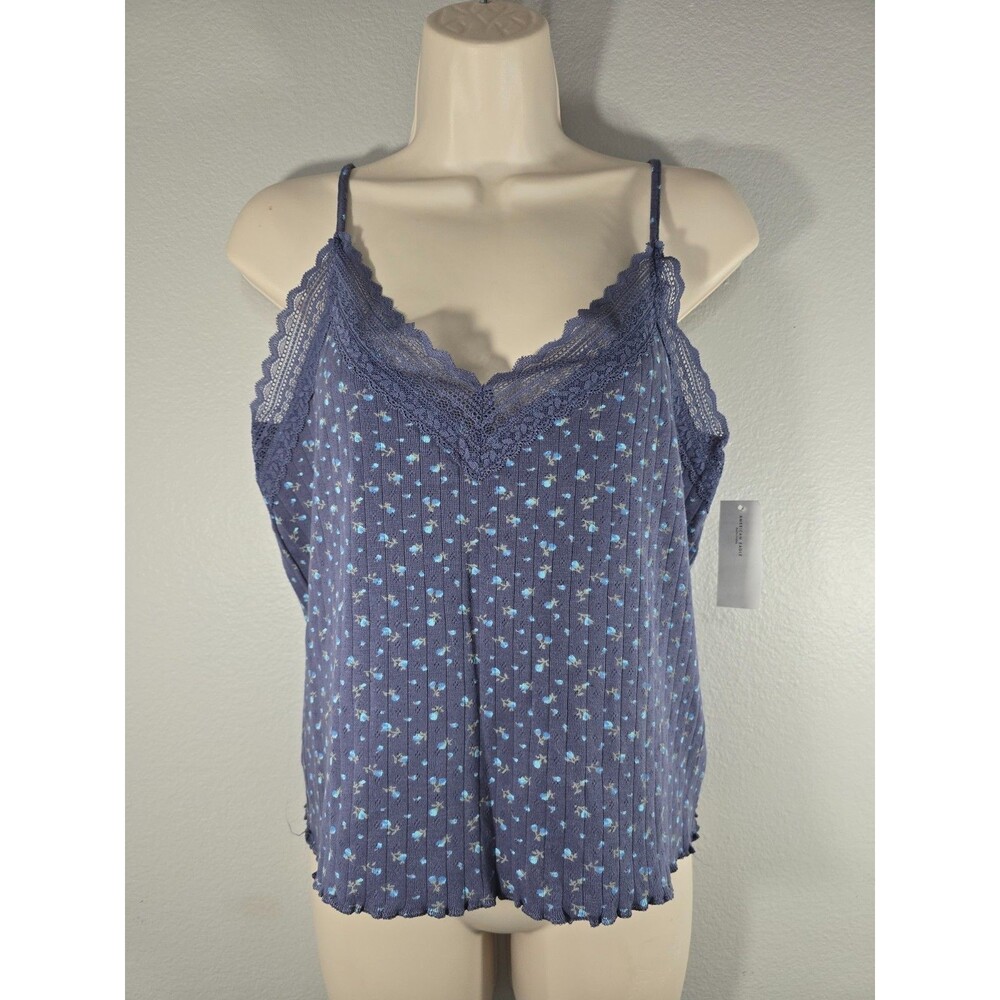 American Eagle Blue Pointelle Lace Trim Cami Tank Top Floral Coquette Sz XXL BJ - Picture 1 of 5